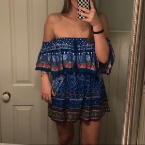blue patterned strapless of the shoulder ROMPER